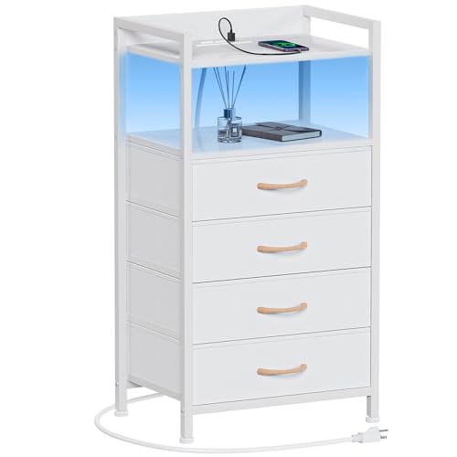 Furnulem White Nightstand with Charging Station,Small Dresser for Bedroom | 4 Drawer Tall Bedside Table with LED light & Remote Control, Metal Frame and Fabric Bins,Wood Desk Top,Easy Assemble for Dorm - color: White