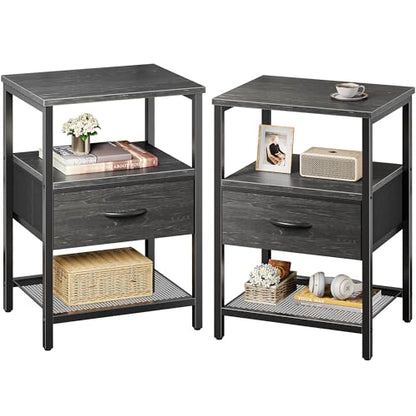 Huuger Nightstand Set of 2, Night Stand with Fabric Drawer, Mesh Shelf, Side Table with Storage, Fabric Drawer Dresser, Open Shelf, Metal Frame, Bedroom, Charcoal Black Wood Grain Print - color: Charcoal Black Wood Grain Print