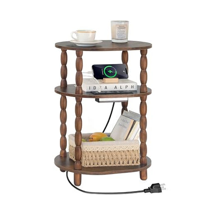 MaxSmeo Side Table with Charging Station, 3-Tier Small End Table with USB Ports and Outlets, Modern Oval Night Stand Accent Table for Living Room, Bedroom, Rustic Brown - color: Rustic Brown Charging Station