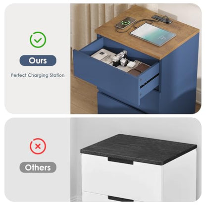 Keyluv 3 Drawers Nightstand Set of 2 with Charging Station, Modern Bedside Table with USB Ports, Sofa Side Table Night Stand with Storage, Sturdy End Table for Bedroom/Living Room/Home Office, Blue - color: Blue