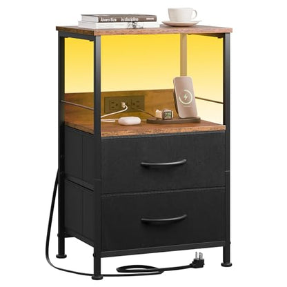 WLIVE Nightstand with Charging Station, LED Night Stand with 2 Fabric Drawers and Open Shelf, Small Dresser for Small Spaces, Side End Tables for Bedroom, Rustic Brown and Black - color: Black and Rustic Brown
