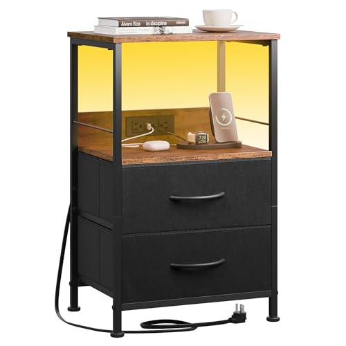 WLIVE Nightstand with Charging Station, LED Night Stand with 2 Fabric Drawers and Open Shelf, Small Dresser for Small Spaces, Side End Tables for Bedroom, Rustic Brown and Black - color: Black and Rustic Brown