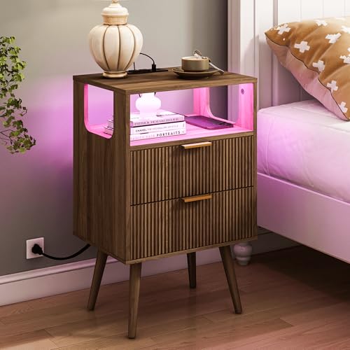 JOONEE Nightstand with Charging Station and LED Lights,Modern Bedside Table with 2 Storage Drawer and Open Wood Shelf, for Bedroom and Small Spaces,Night Stand with Solid Wood Legs,Walnut Brown - color: Walnut Brown