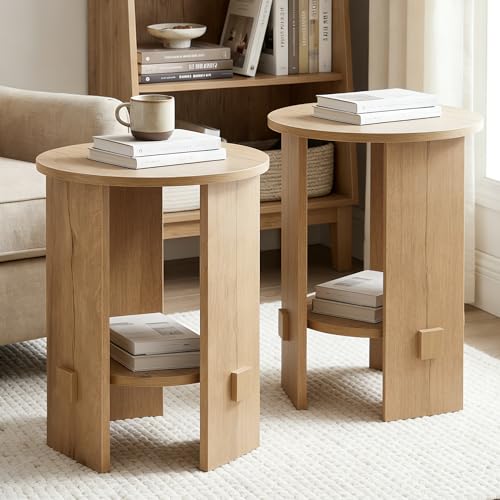 Round End Table with 2-Tier Storage Set of 2, 15.5” Small Side Table for Living Room, Modern Nightstand with Open Shelf, Compact Accent Table for Bedroom, Sofa Side, (Natural) - color: Natural