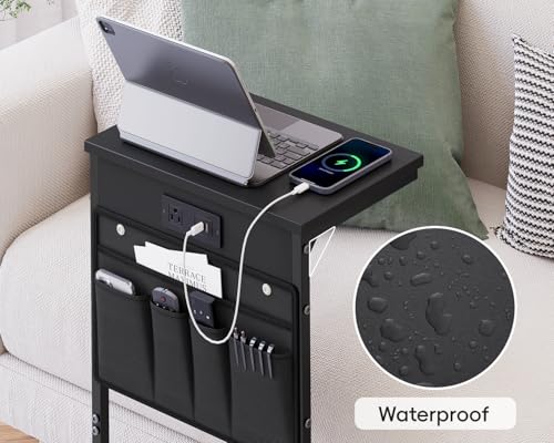 C Shaped End Table with Charging Station, 28" Tall Couch Side Table, Sofa Table Beside Table, Slide Under Sofa Arm C Table for Small Spaces, TV Tray Table for Living Room, Bedroom, Black - color: Black