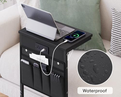 C Shaped End Table with Charging Station, 28" Tall Couch Side Table, Sofa Table Beside Table, Slide Under Sofa Arm C Table for Small Spaces, TV Tray Table for Living Room, Bedroom, Black - color: Black