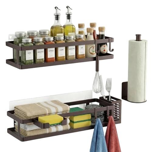 PUSDON 5-in-1 16.5" Extra Long Kitchen Organizer & Shower Caddy Set, Wall Mount Spice Rack with Paper Towel Holder, Utensil Holder & Soap Dish, Rustproof Mesh Storage Rack, Vintage Bronze, Guardrail - color: Vintage Bronze, size: 5-in-1 Minimalist (16.5"