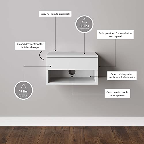 Nathan James Jackson Wall Mounted Floating Bedroom Nightstand with Storage Drawer and Modern Open Shelf Cubby Set of 2, White - color: White, size: Set of 2