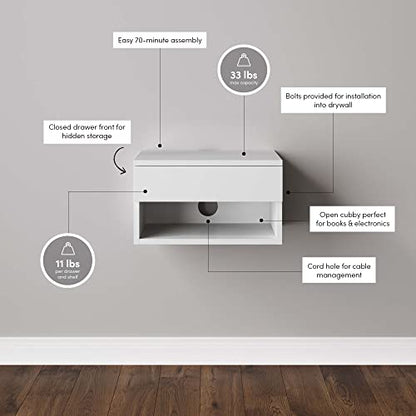 Nathan James Jackson Wall Mounted Floating Bedroom Nightstand with Storage Drawer and Modern Open Shelf Cubby Set of 2, White - color: White, size: Set of 2
