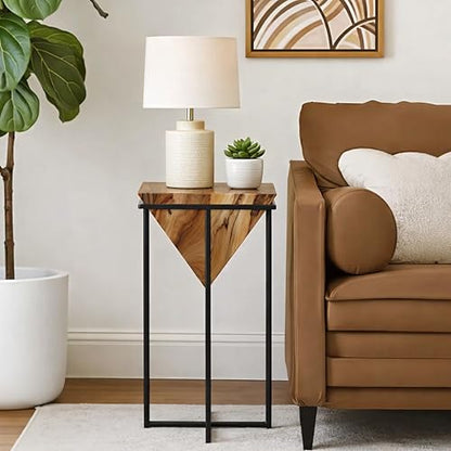 The Urban Port 30 Inch Pyramid Shape Wooden Side Table | Brown Finish, Cross Black Metal Base, Modern Accent End Table, For Living Room, Bedroom, Entryway, Lounge, Home Decor Display - size: 30-Inch