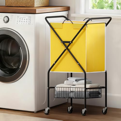 Convenient Laundry Basket with Wheels,36" High Easy Rolling Laundry Cart with Wheels,Heavy Duty Dirty Clothes Laundry Hamper with Handles Removable Bag for Seniors,Folding Metal Frame/Yellow/98L - color: Yellow