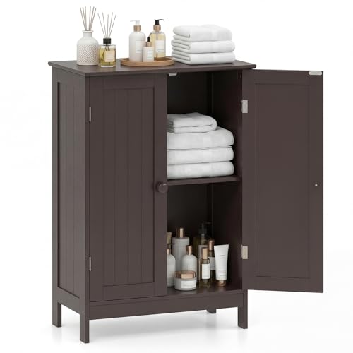 Tangkula Bathroom Storage Cabinet, Freestanding Wooden Floor Cabinet with Double Doors, Adjustable Shelf, Modern Storage Organizers for Kitchen, Living Room, Entryway (Brown) - color: Brown
