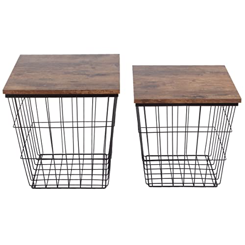 Lavish Home End Tables - Square Nesting Tables Set of 2, Brown Woodgrain | 15.75”/14.5” Side Tables with Removable Wood Tops & Metal Basket Bases for Blanket Storage, Living Room, Bedroom, Home Office - color: Brown Square 2