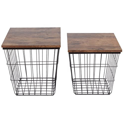 Lavish Home End Tables - Square Nesting Tables Set of 2, Brown Woodgrain | 15.75”/14.5” Side Tables with Removable Wood Tops & Metal Basket Bases for Blanket Storage, Living Room, Bedroom, Home Office - color: Brown Square 2