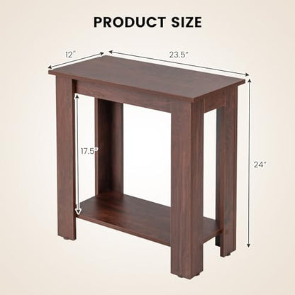 Giantex Narrow End Table Set of 2, 2-Tier Side Table with Open Storage Shelf, Retro Wood Sofa Table Bedside Tables for Small Spaces, Slim Nightstand for Living Room, Bedroom, Easy Assembly, Walnut - color: Walnut