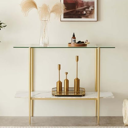 LumFurn Glass Console Table for Living Room, Foyer & Entrance, 2-Tiers Mid-Century Modern Sofa Table with Clear Glass Top, White Marble Finish Wood Shelf and Gold Finish Frame - color: Clear & White Marble, size: L41" Sofa Table
