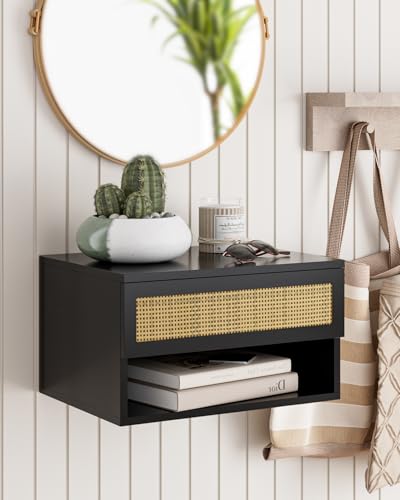 Floating Nightstand With Drawer - Small Modern Shelves for Bedroom, Bathroom (Black Rattan) - color: Black Rattan