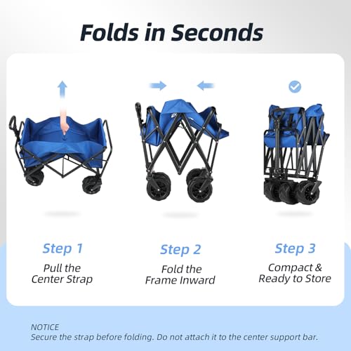EchoSmile Heavy Duty 350 Lbs Capacity Collapsible Wagon, Outdoor Folding Camping Grocery Portable Utility Cart, Adjustable Rolling Carts, All Terrain Sports Wagon with Big Wheels (Blue) - color: Blue