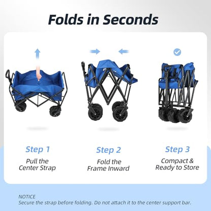 EchoSmile Heavy Duty 350 Lbs Capacity Collapsible Wagon, Outdoor Folding Camping Grocery Portable Utility Cart, Adjustable Rolling Carts, All Terrain Sports Wagon with Big Wheels (Blue-Arrow) - color: Blue-arrow