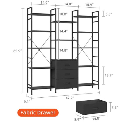 AFLUI Triple Bookshelf with 3 Fabric Drawers, 5-Tier Book Shelf and 10 Display Shelves, Industrial Large Bookcase for Home & Office, Black, 47'' Wide - color: Black, size: 5 Tier(47" W)