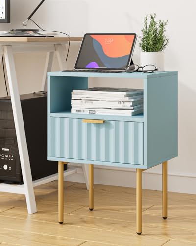 Night Stand,Modern Bedside Table with Drawer and Shelf,Blue Night Stand with Gold Frame,Small Side Table for Bedroom,Living Room - color: Blue