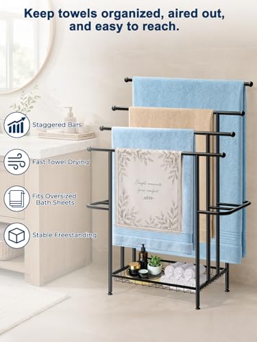 Haturi 4-Tier Free Standing Towel Rack for Bathroom, 45.3" H Black Metal Towel Drying Rack, 18.1" W with Storage Basket, Outdoor Pool Towel Holder for Oversized Towels & Blankets - size: 4 Tier