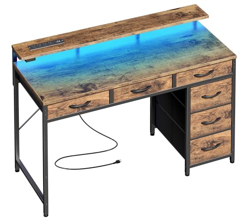 Huuger Gaming Desk with 6 Drawers, Computer Desk with LED Lights Power Outlets and Type-C, 39 Inch Office Desk with Storage, Monitor Stand, Writing Work Desk Home Office, Study, Rustic Brown - color: Rustic Brown, size: 39 inch