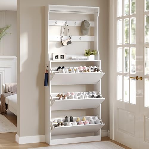 Wodeer Tall Shoe Cabinet with Coat Rack, Hidden Shoe Storage Cabinet with Doors & Drawer, Hanging Bar & Hooks, Slim Narrow Freestanding Shoe Rack Organizer for Entryway, Hallway & Living Room, White - color: White, style: Tall 3 Drawers