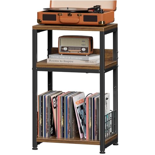 Simple Trending Record Player Stand, 3 Tier End Table Hold Up to 100 Albums, Turntable Stand for Vinyl, Record Shelf for Living Room Bedroom, Rustic Brown - size: Base Model