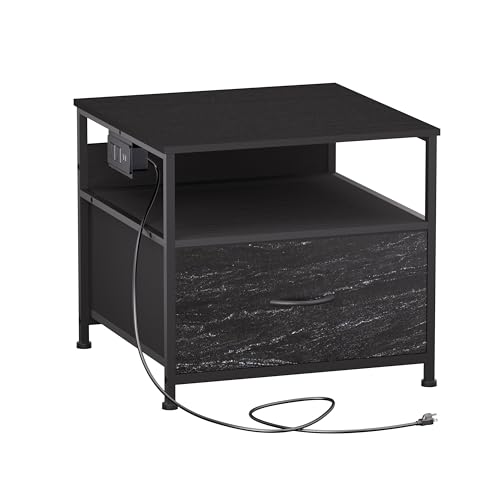 Unionly Mini Fridge Stand with drawer Storage,shelf & Power Outlet | 180lb Mini Fridge Table with Charging Station,Heavy duty small refrigerator shelf,Black end table for Living Room,Kitchen - color: Black