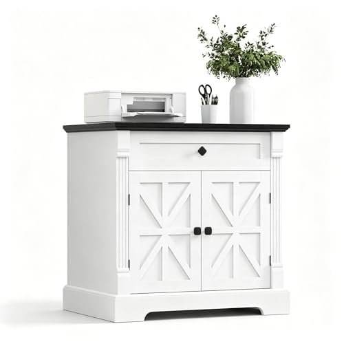 Farmhouse Printer Stand with Storage, 29.9" Wide Home Office Printer Cabinet with Drawer & Barn Doors, Wood Accent Cabinet Nightstand End Table for Living Room Bedroom, Black Top & White Finish