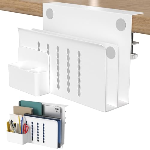 HAMOPY Desk Side Storage, 2 Tier Steel Hanging Desk Organizer with Magnetic Pen Holder, No Drilling Standing Desk Drawer Cable Management Tray, Under Table Laptop Holder for Office, School&Home(White) - color: White, size: Double(2 Tier)