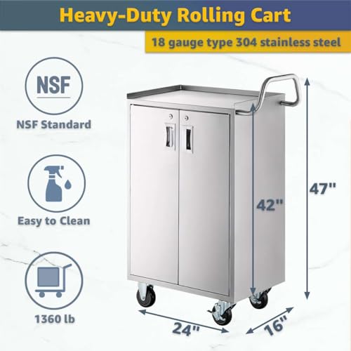 16" x 24" Commercial Stainless Steel Utility Cart with Locking Doors - Four Shelf Enclosed Base, NSF Heavy-Duty Metal Service Cart with Casters for Kitchen, Catering, Restaurant - size: 4 Shelf - Tall