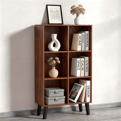 6 Wooden Cube Storage Organizer with Legs,Three Tier Vertical Cube Bookcase Freestanding Storage Organizer Open Shelf Short Bookshelf for Bedroom, Living Room, Home Office (6 Cube,Retro Brown) - color: Retro Brown, size: 6 Cube-Vertical