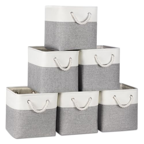 Temary 11 Inch Cube Storage Bins - 6 Pack Foldable Fabric Storage Baskets with Soft Rope Handles, Sturdy Organizer Cubes with Metal Frame for Shelves, Closet, Office & Home Organization (White&Grey) - color: White&Grey, size: 11(L) x 11(W) x 11(H)