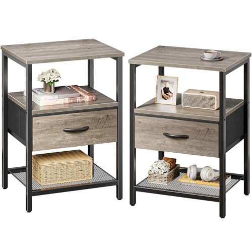 Huuger Nightstand Set of 2, Night Stand with Fabric Drawer, Mesh Shelf, Side Table with Storage, Fabric Drawer Dresser, Open Shelf, Metal Frame, Bedroom, Oak - color: Oak