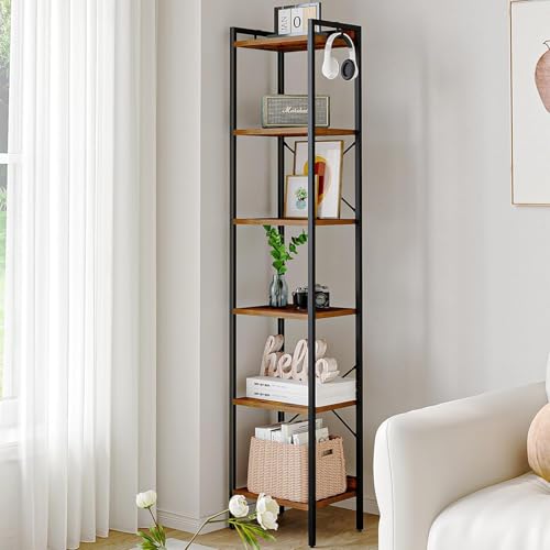 Hzuaneri Bookshelf, Book Shelf, Industrial Bookcase with 2 Hooks, Coner Shelf Storage Organizer for Home Office, Living Room, Bedroom, Kitchen, 6-Tier Rustic Brown BC10701B - color: Rustic Brown, size: 9.4"D x 15.4"W x 72.8"H
