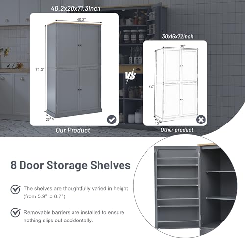 Linique 71.3" Kitchen Pantry with 2 Drawers, 2 Adjustable Shelves, 8 Door Racks, Large Wooden Cupboard, Freestanding Tall Cabinet for Kitchen Dining Room Grey