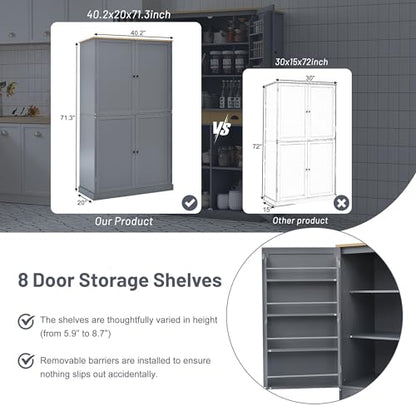 Linique 71.3" Kitchen Pantry with 2 Drawers, 2 Adjustable Shelves, 8 Door Racks, Large Wooden Cupboard, Freestanding Tall Cabinet for Kitchen Dining Room Grey