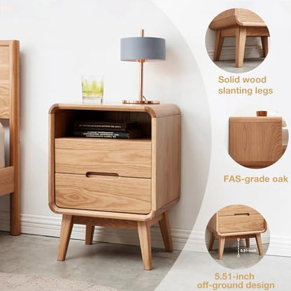 Solid Wood Nightstand Set of 2, Mid Century Modern Nightstand with Drawers, Natural Wood Nightstand with Storage, Wooden Night Stand, Small Nightstands, Bedside Table for Bedroom(23.23" H) - color: Natural Oak, style: 2 Drawer & Open Storage-2