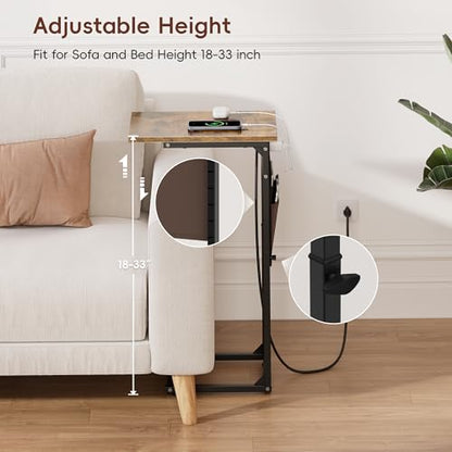 C Shaped End Table with Charging Station, Adjustable Height Side Table for Couch, Small Sofa Table with Storage Bag, Slide Under Sofa TV Tray Snack Arm Tables for Living Room, Bedroom, Brown - color: Rustic Brown, style: With Plug