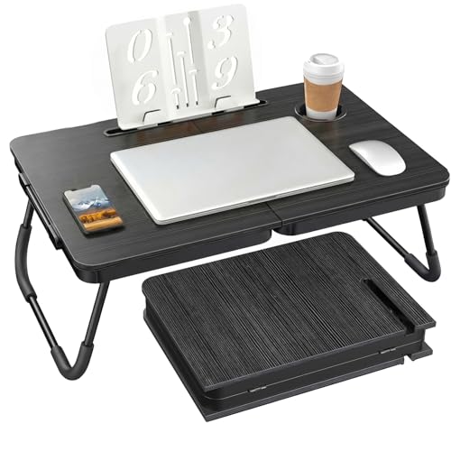 BUYIFY 23.4" Foldable Lap Desk Bed Table with Cup Holder Portable Tray | Folds Flat for Easy Storage, No Assembly Laptop Bed Desk, Sturdy and Lightweight, Patent Design, Black with stand - color: Black With Stand