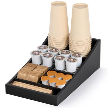 ANBOXIT Coffee Station Organizer for Countertop, Condiment Storage Caddy, Coffee Bar Supplies Organizer for Home, Office and Breakroom - Wooden, Black, 7 Compartment - size: Long & Narrow (7 Compartment)