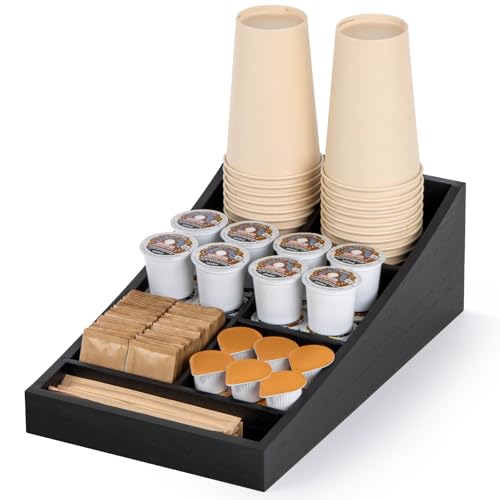 ANBOXIT Coffee Station Organizer for Countertop, Condiment Storage Caddy, Coffee Bar Supplies Organizer for Home, Office and Breakroom - Wooden, Black, 7 Compartment - size: Long & Narrow (7 Compartment)