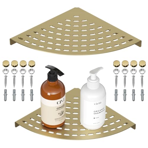 2 Pack Corner Shower Shelves 304 Stainless Steel Shower Corner Shelf Brushed Gold Bathroom 8 in Prevent Rust Drilling Installation - color: Brushed Gold