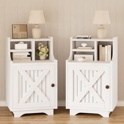 4ever2buy White Nightstand Set of 2, 30" Tall Night Stand with Hutch | Farmhouse Tall Bedside Table End Table for Bedroom Living Room Sofa Office, Storage Cabinet, White - color: White