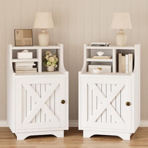 4ever2buy White Nightstand Set of 2, 30" Tall Night Stand with Hutch | Farmhouse Tall Bedside Table End Table for Bedroom Living Room Sofa Office, Storage Cabinet, White - color: White
