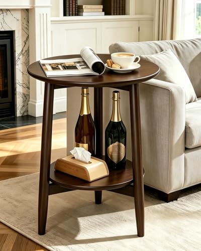 Round End Table,Solid Wood Small Round Table with Lower Shelf,Round Side Table,Nightstand for Small Spaces,Living Room,Bedroom(Walnut) - color: Walnut