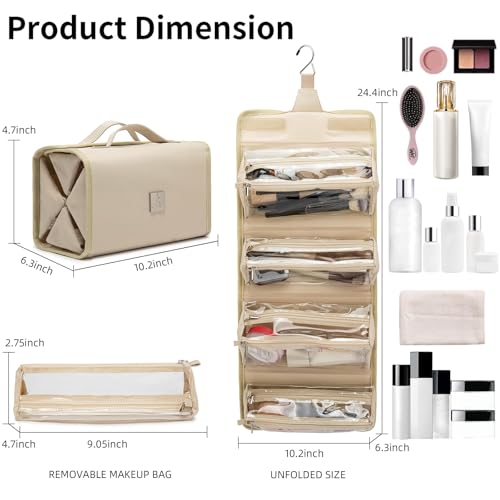 Roll Up Makeup Bag, Travel Toiletry Bag for Women with 4 Clear TSA Approved Pouches, Hanging Travel Organizer, Folding Cosmetic Bag for Men and Women - color: khaki