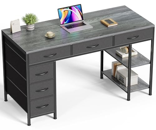 Huuger Computer Desk with 6 Drawers, Office Desk with Shelves, Reversible Gaming Desk, Corner Desk with Storage, Work for Home Office, Study, Living Room, 47inch, Grey - color: Grey, size: 47 inch